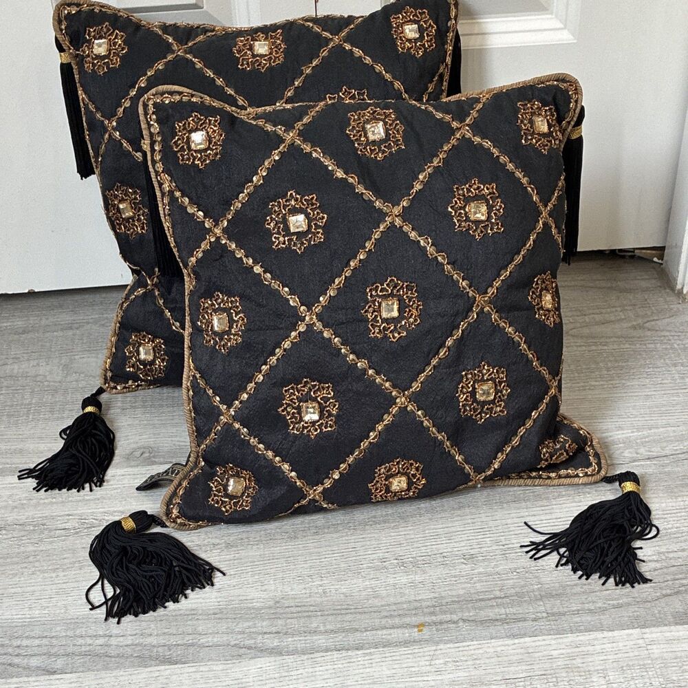 Borgata Black/Gold Geometric Embroidered Square Decorative Pillow Tassels